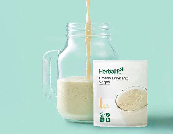 Herbalife protein drink mix, rostlinný protein, balení na cesty, balení sáčky, kvalitní protein Herbalife, nízký obsah cukru, bez lepku a 100% veganský, dohromady s Herbalife Formula 1