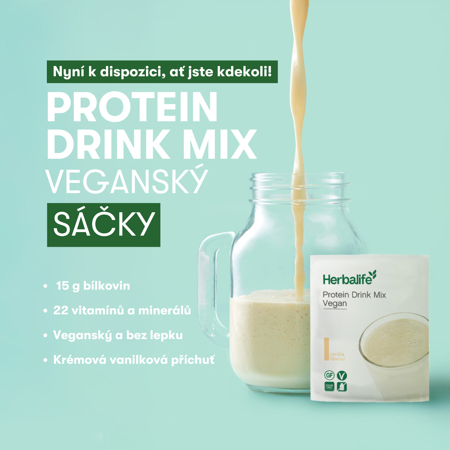 Herbalife protein drink mix, rostlinný protein, balení na cesty, balení sáčky,  kvalitní protein Herbalife, nízký obsah cukru, bez lepku a 100% veganský, dohromady s Herbalife Formula 1
